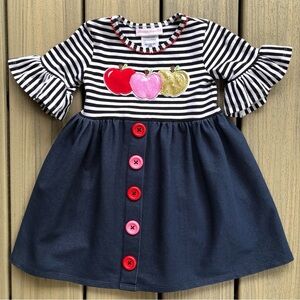Bonnie Jean Navy & White Striped Dress with Apple Appliqué Size 2T